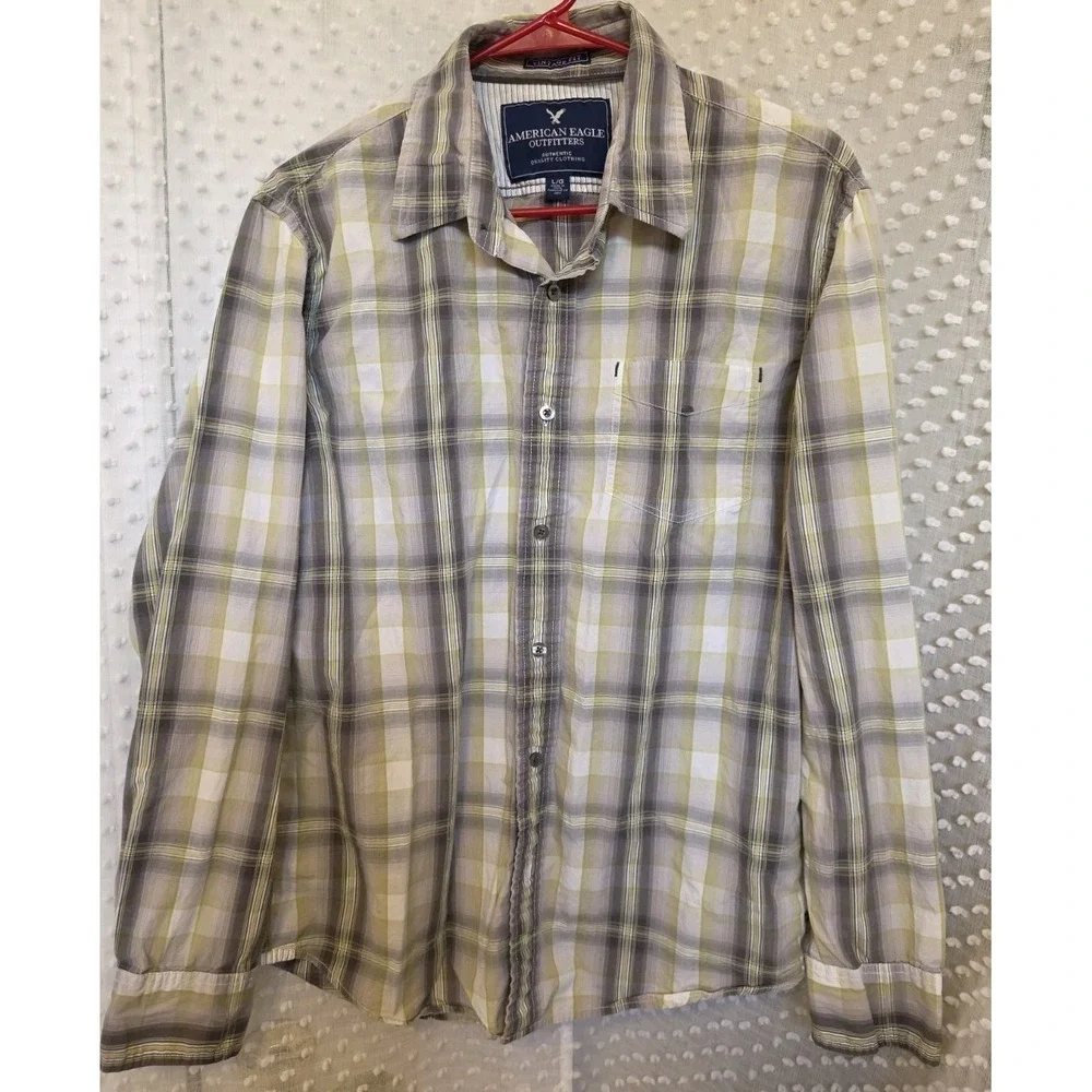 American Eagle Men's Shirt Large Vintage Fit Green Plaid Pearl Button